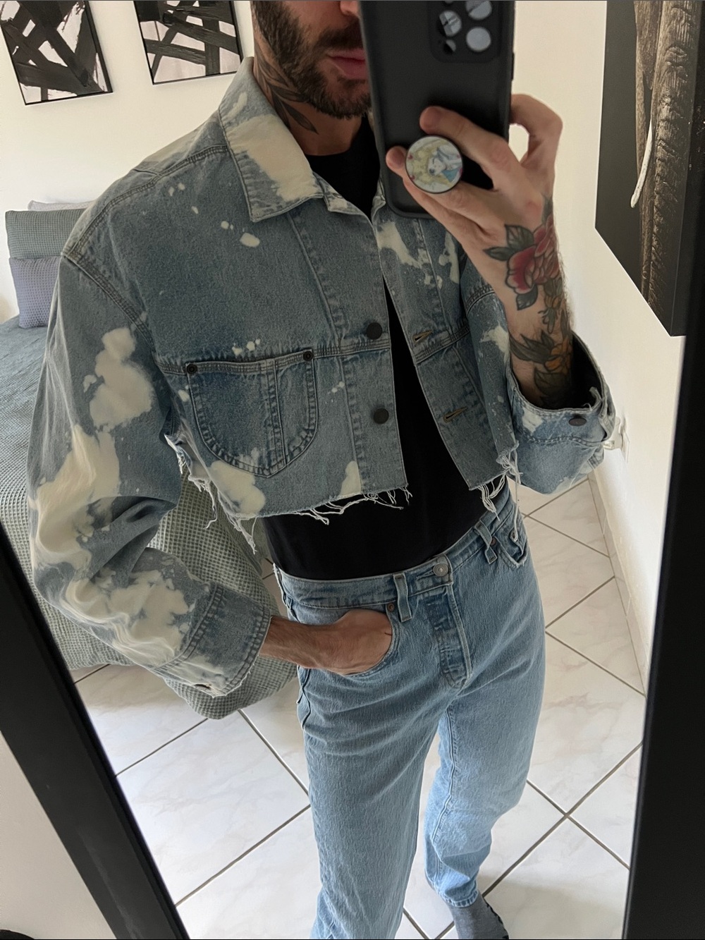 Cropped Bleach-Effect Denim Jacket - Light Blue/White